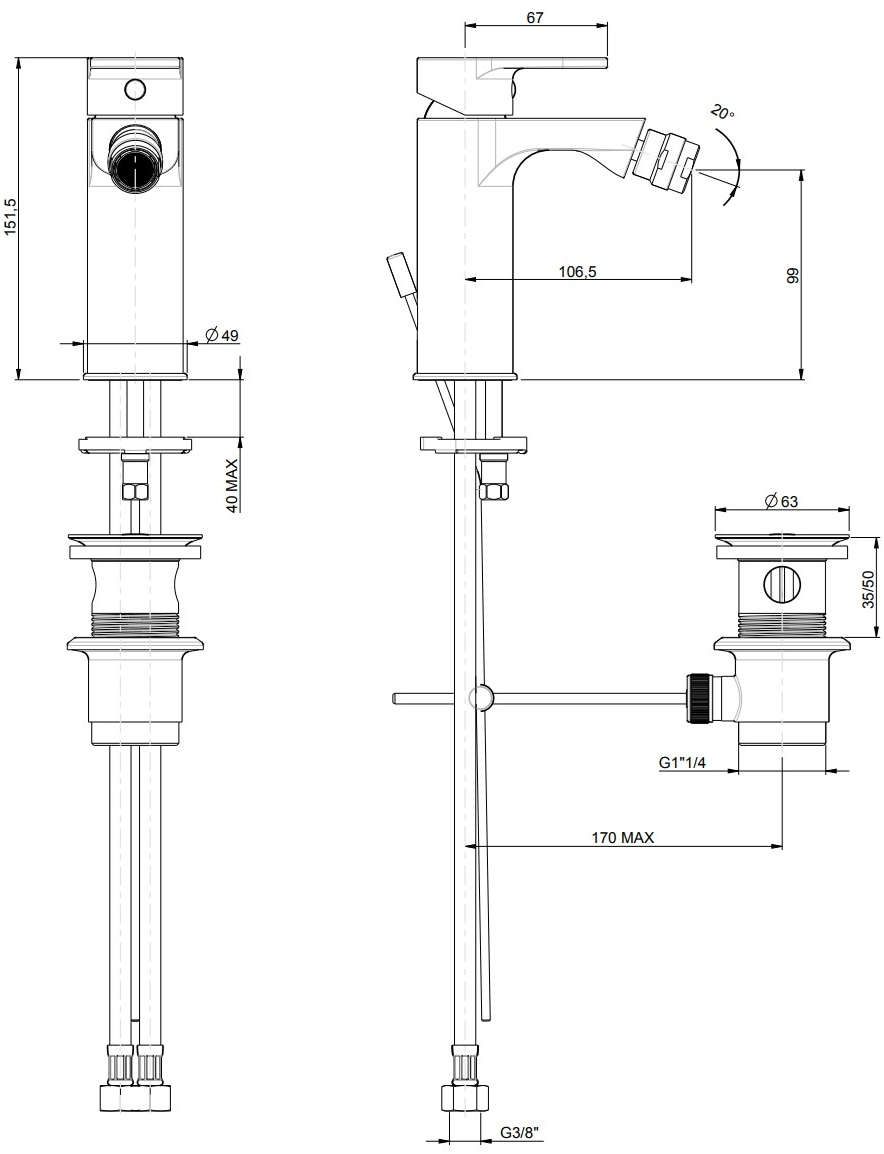 Rubinetterie Frattini Смеситель для биде, однорычажный, со сливом Fosca sun-id-1377444 - Вид №1