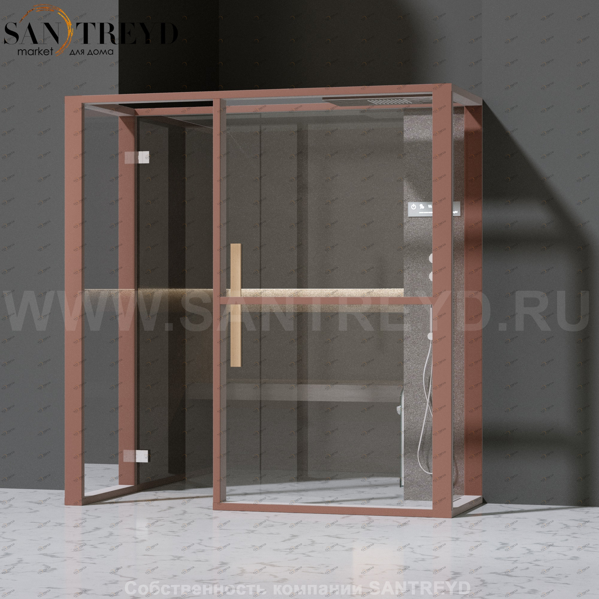 Effegibi LOGICAFILO H LO31030011 Хаммам. Установка: в полунишу. Правая дверь. Мощность: 4,5 кВт макс. Размеры: длина 214 см, ширина 250 см. Отделка: матовый лакированный коричневый аллюминий и темный ламинат из керамогранита.