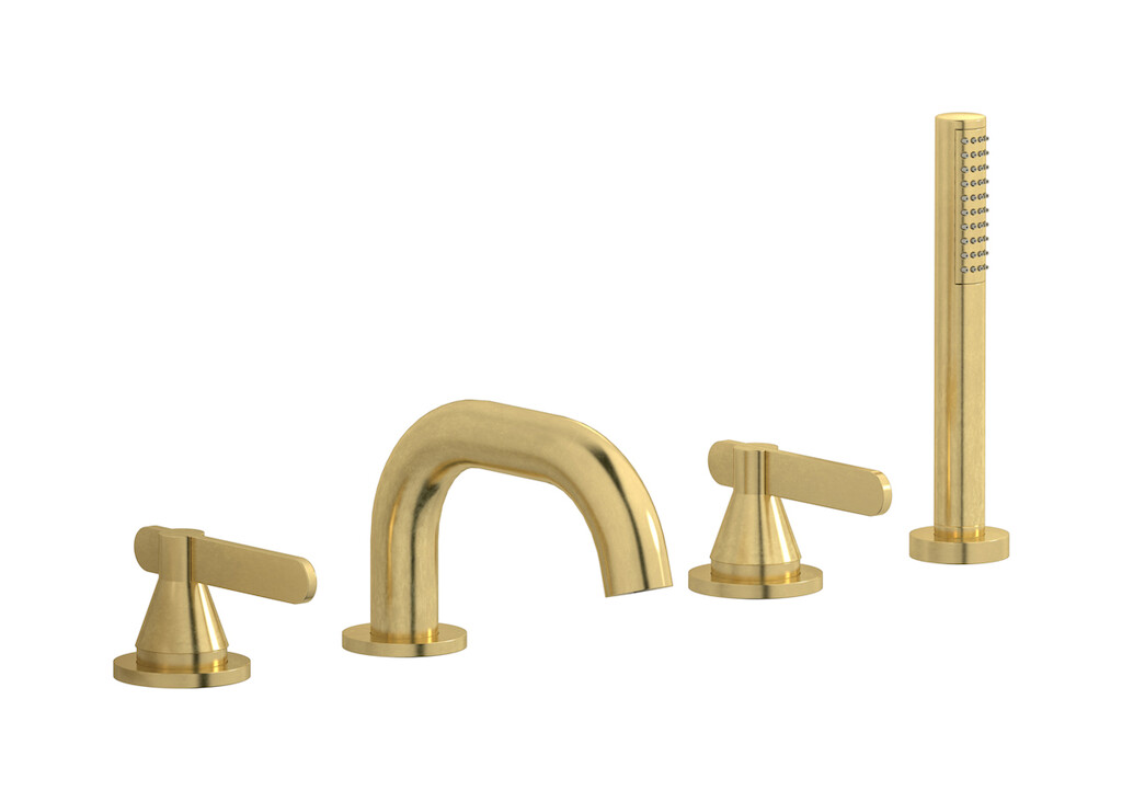 Смеситель на бортик ванной на 4 отверстий с дивертером и душевым гарнитуром. WE ARE IB ol305is Natural Brass Soho