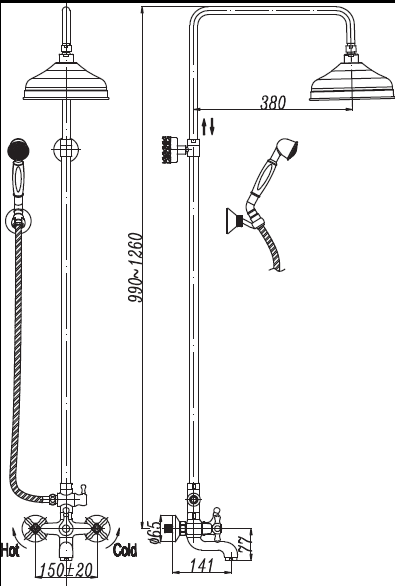 Душевая стойка со смесителем, с изливом, верхним и ручным душем CEZARES RETRO-CVD2-01 - Вид №1