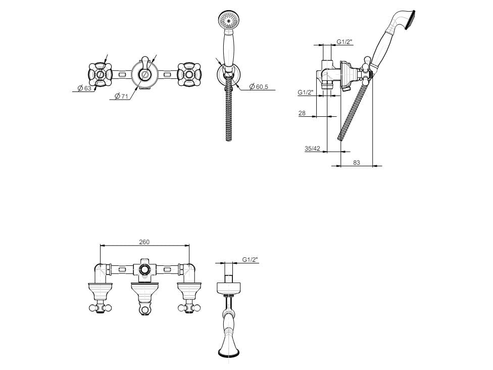 Встраиваемый настенный смеситель для ванны с ручным душем Rubinetterie Frattini Dedra ARCH-00028547 - Вид №3