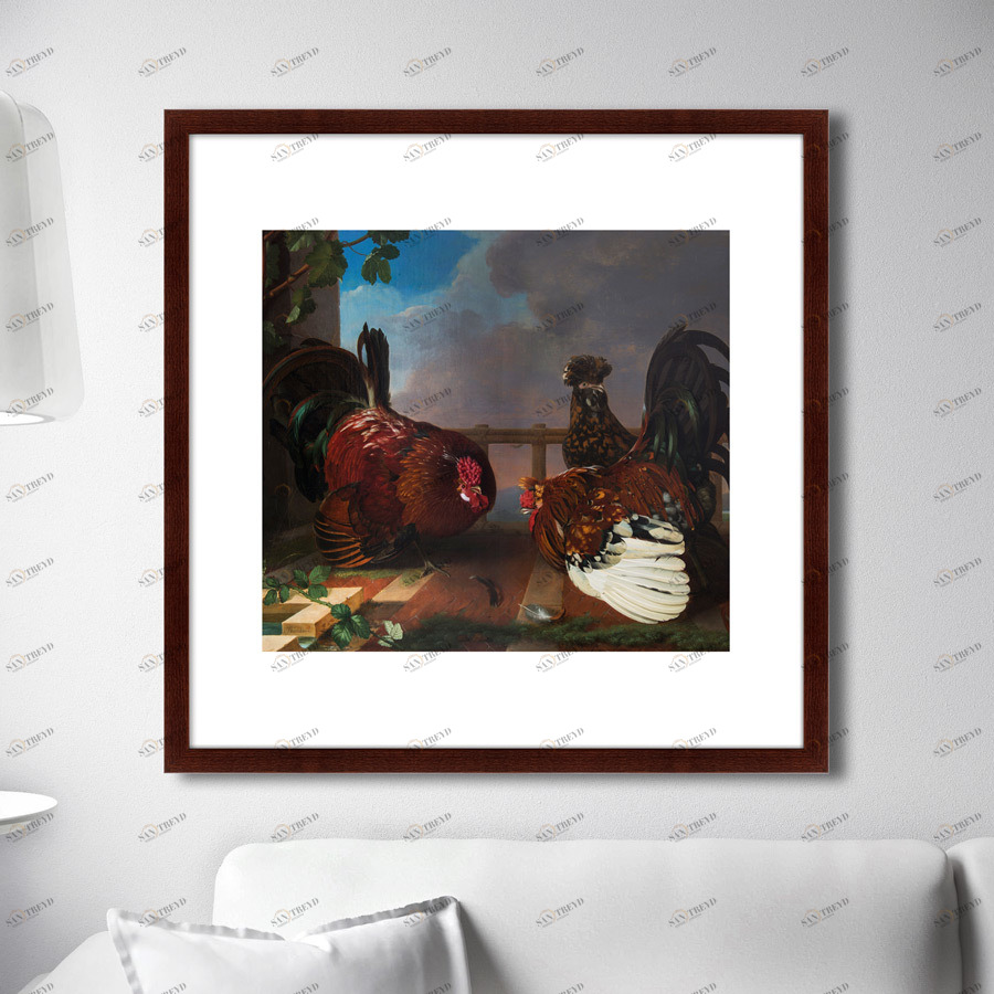 Картина в раме 78,5х78,5 см Deux coqs se battant pour une poule huppe, 1799г. КАРТИНЫ В КВАРТИРУ  264096 Зеленый;коричневый;синий;черный;разноцветный 