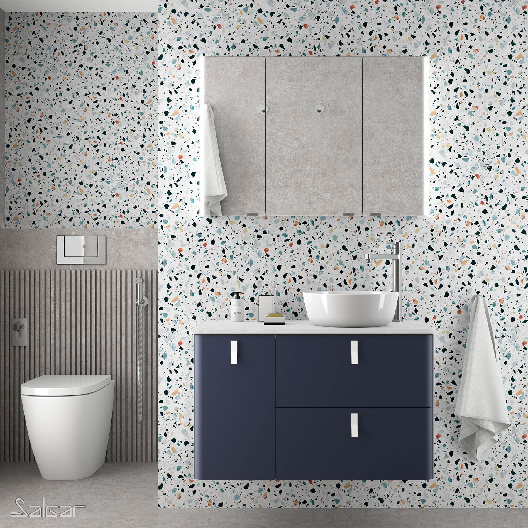 83127 SALGAR Мебель для умывальника UNIIQ 900 NIGHT BLUE левая 1 дверца и 2 ящика с системой мягкого закрывания 897 x 540 x 450 мм 