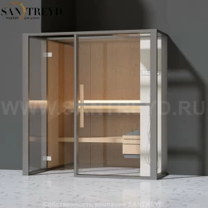 Effegibi LOGICAFILO S LO21010011 Сауна. Установка: в полунишу. Правая дверь. Мощность: 6 кВт макс. Размеры: длина 214 см, ширина 250 см. Отделка: канадский хемлок, матовый лакированный серый аллюминий и бежевый ламинат из керамогранита.