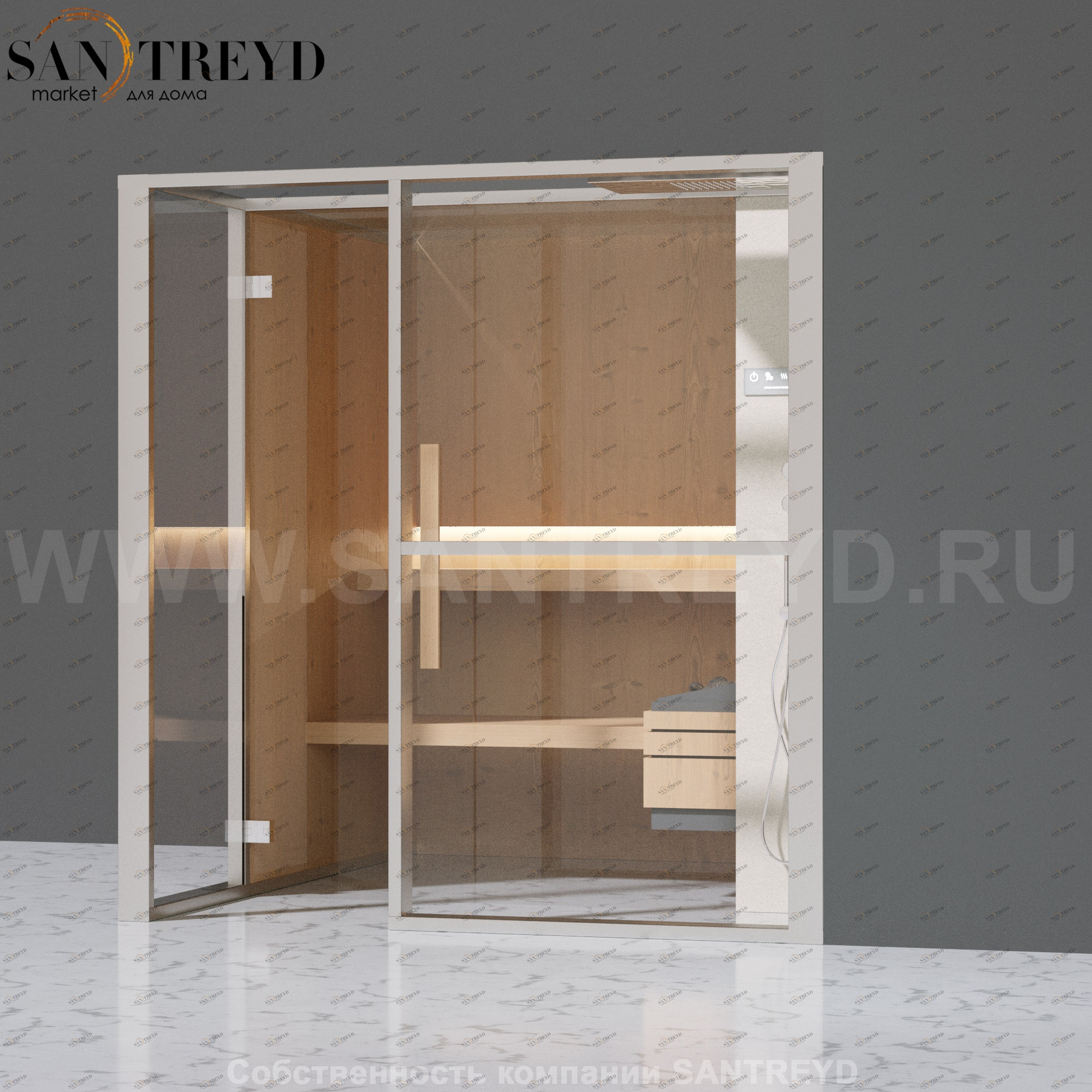 Effegibi LOGICAFILO S LO21020007 Сауна. Установка: в правый угол. Правая дверь. Мощность: 6 кВт макс. Размеры: длина 214 см, ширина 250 см. Отделка: канадский хемлок, матовый лакированный белый аллюминий и серый ламинат из керамогранита.