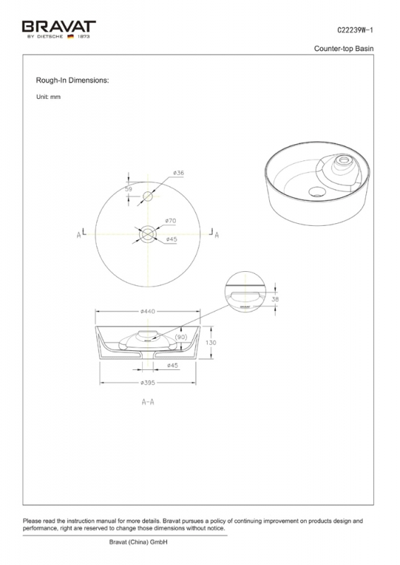 Раковина накладная с отверстием для смесителя  C22239W-1-ENG bravat  - Вид №1