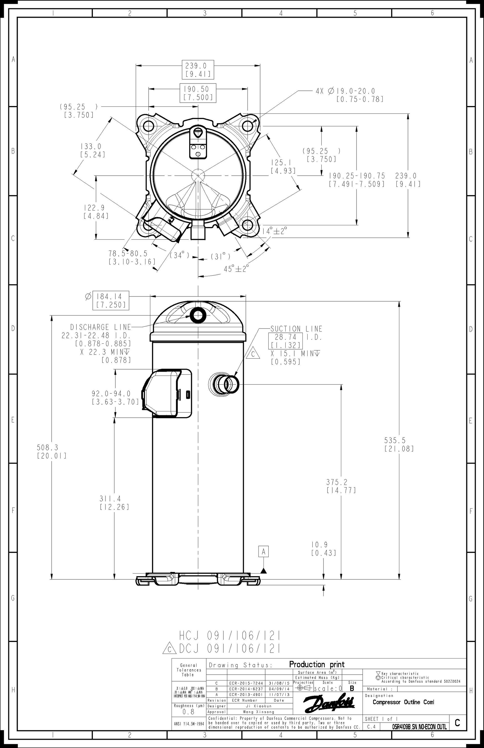 Danfoss DCJ — Герметичные спиральные компрессоры, R401A DCJ106T4LC8 Компрессор спиральный 121L5035  - Вид №1