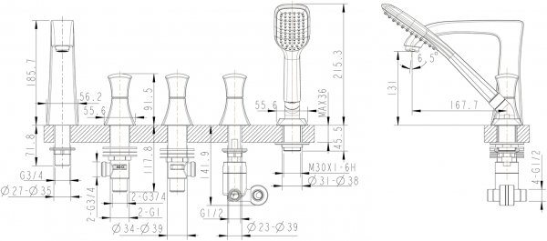 Смеситель врезной для ванны на пять отверстий WHIRLPOOL F578112C bravat - Вид №2