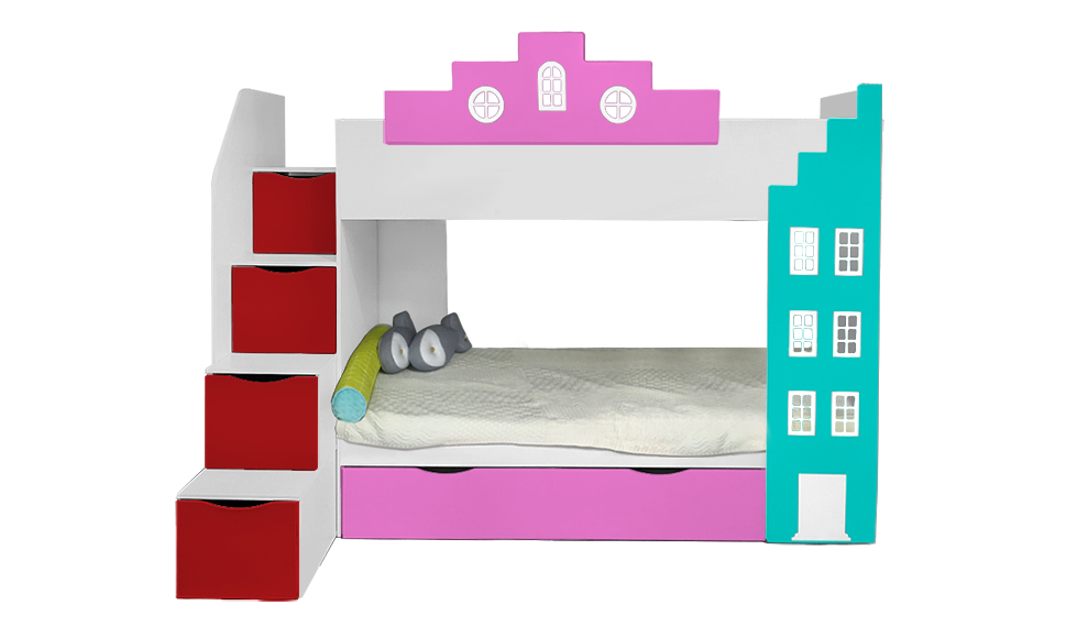 Кровать подростковая двухъярусная с дополнительным спальным местом правая "Амстердам" МАНДАРИН АМСТЕРДАМ 179538 Разноцветный;белый;розовый Santreyd  - Вид №1