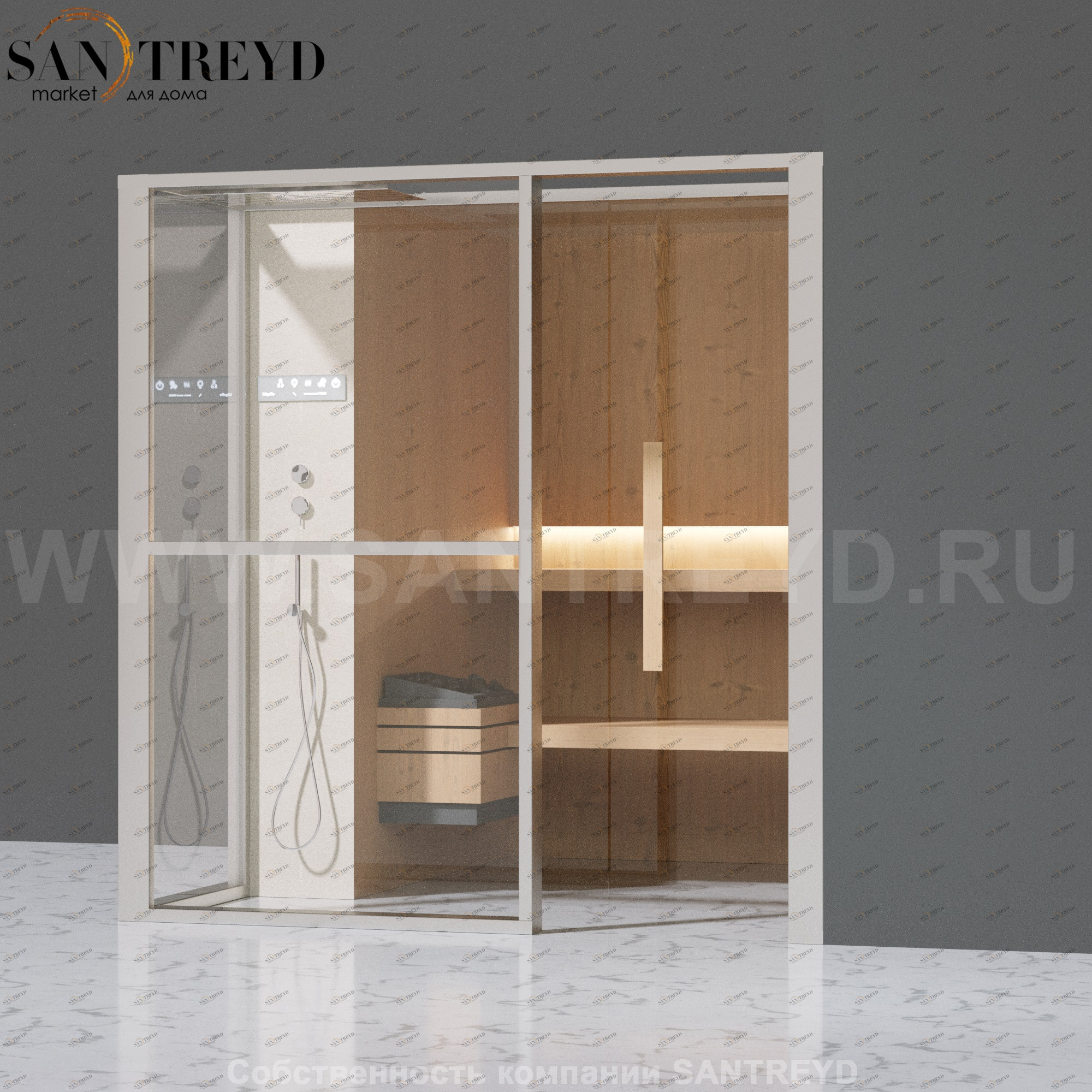 Effegibi LOGICAFILO S LO21020008 Сауна. Установка: в правый угол. Левая дверь. Мощность: 6 кВт макс. Размеры: длина 214 см, ширина 250 см. Отделка: канадский хемлок, матовый лакированный белый аллюминий и серый ламинат из керамогранита.