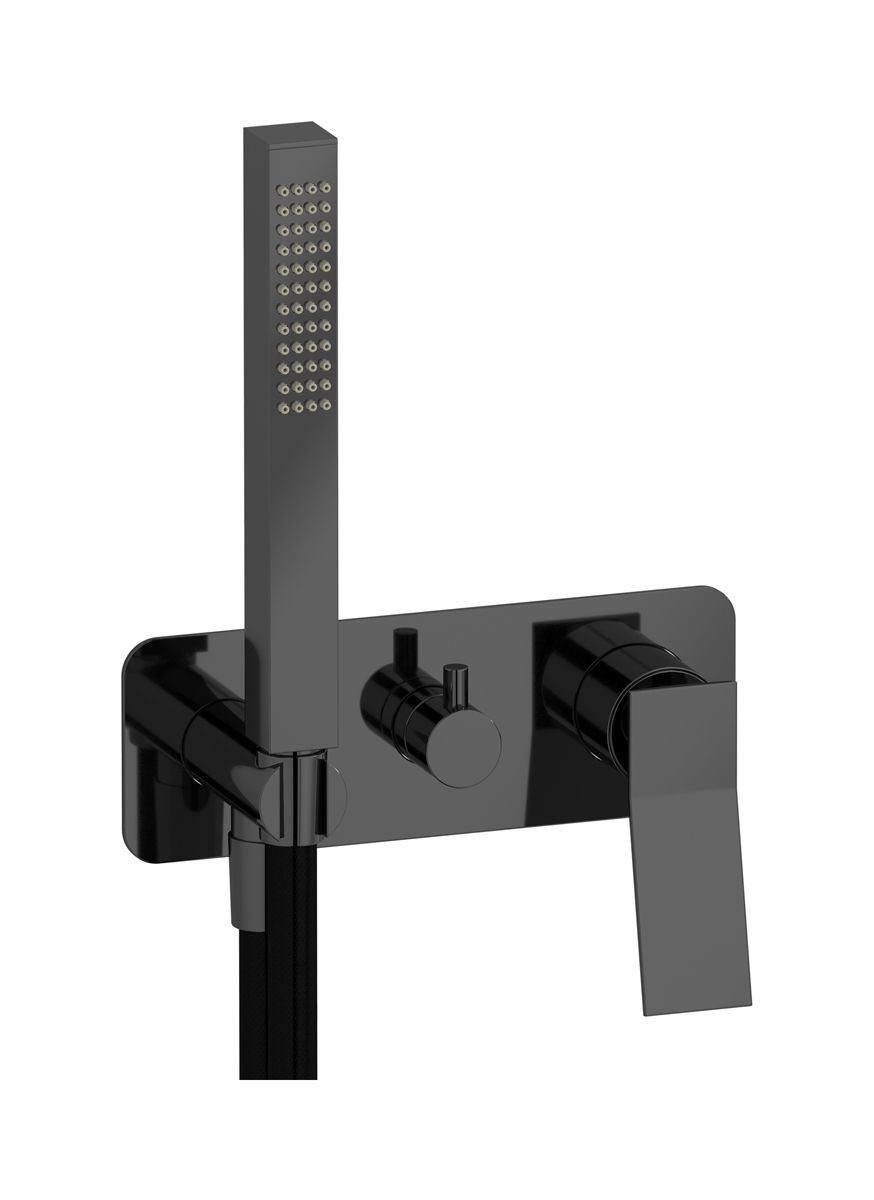 Внешние части встроенного в стену смесителя на 3 потребителя в комплекте с душевым гарнитуром. WE ARE IB wa313sr Black Chrome Wave