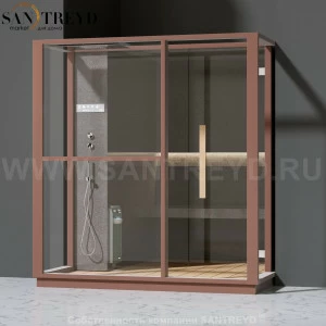 Effegibi LOGICA H LO30030012 Хаммам. Установка: в полунишу. Левая дверь. Мощность: 4,5 кВт макс. Размеры: длина 214 см, ширина 250 см. Отделка: матовый лакированный коричневый аллюминий и темный ламинат из керамогранита.