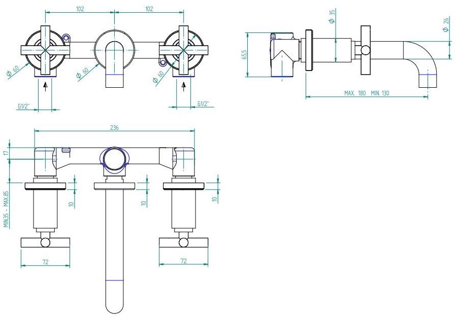 ZAZZERI Смеситель для умывальника настенный на 3 отверстия Da-da sun-id-1357249 - Вид №1
