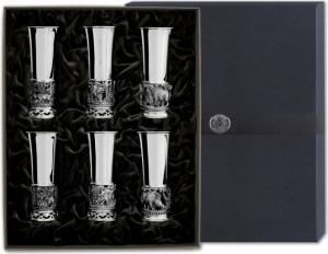 10640749 Кольчугино Набор рюмок в футляре Кольчугинский мельхиор "Охотничьи", 6 шт, посеребрение, п/к Латунь