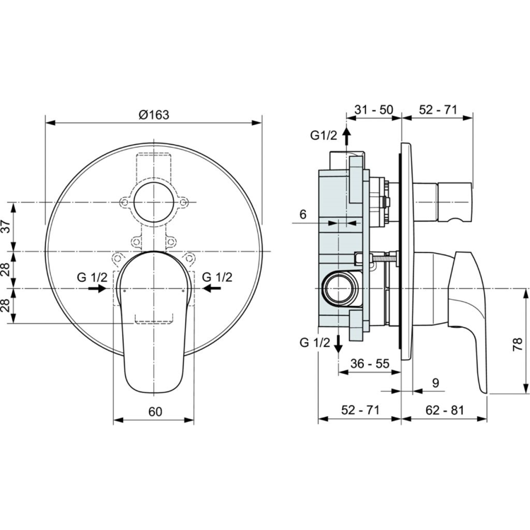 BC447AA Душевой комплект С ВНУТРЕННЕЙ ЧАСТЬЮ Ideal Standard CERAFLEX  - Вид №7