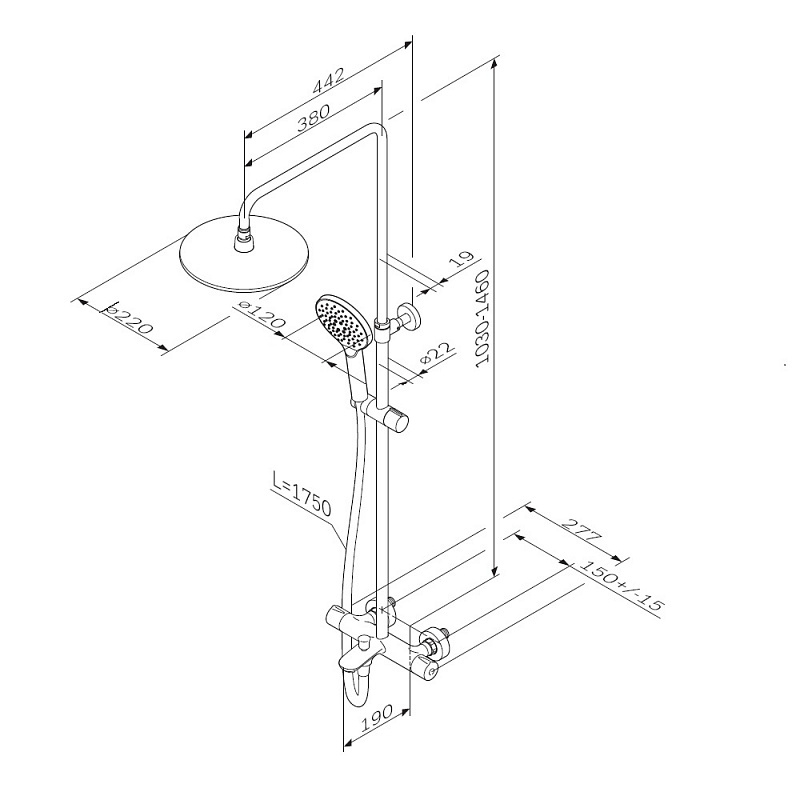 F0780522 душ.система набор: смеситель д/ванны/душа с термостатом верх.душ.d 220 мм ручной ду AM.PM Like - Вид №4