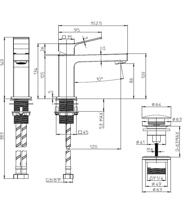 Смеситель для раковины из хромированной латуни Bossini Aki ARCH-00028787 - Вид №3