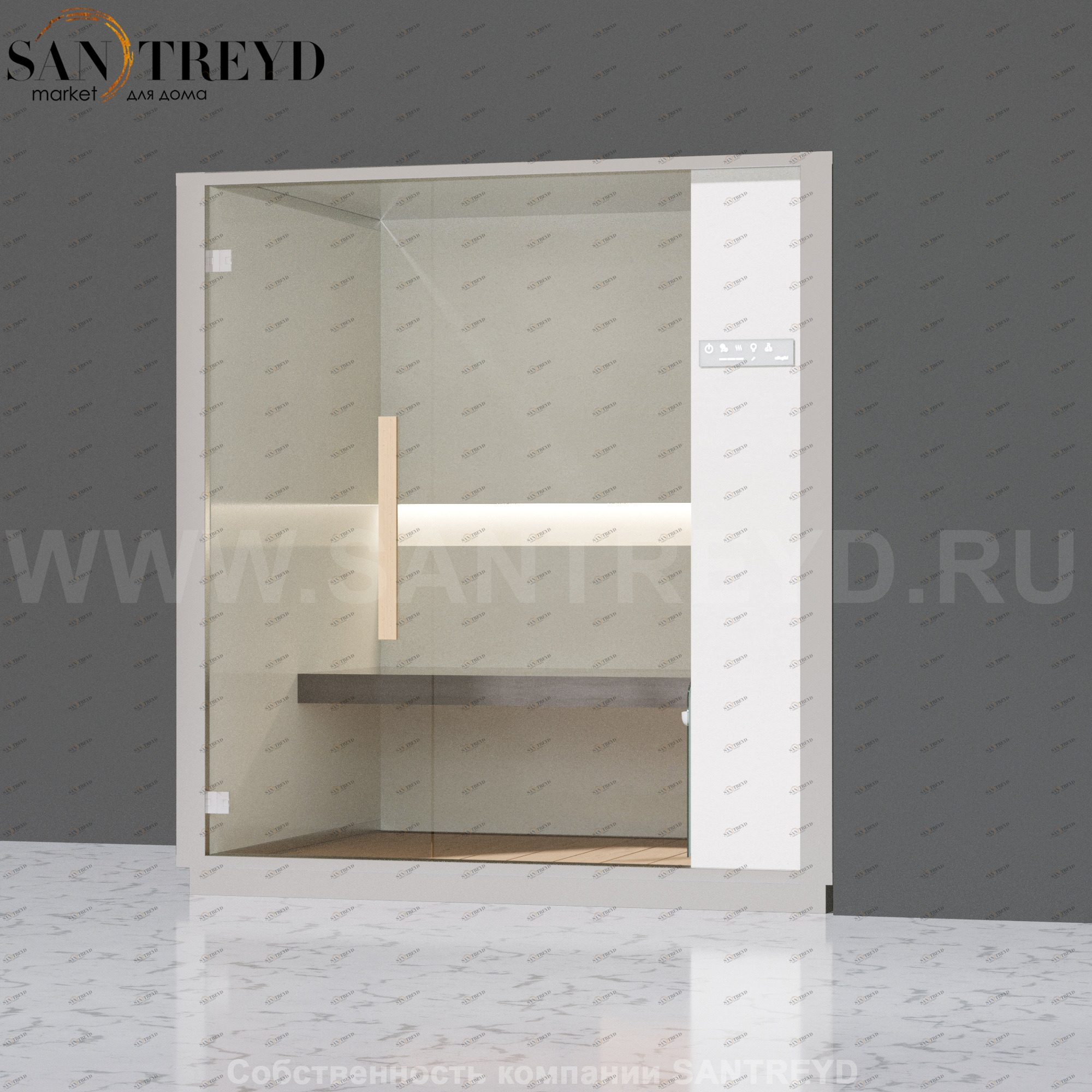 Effegibi ONE H LO60020007 Хаммам. Установка: в правый угол. Правая дверь. Мощность: 4,5 кВт макс. Размеры: длина 214 см, ширина 171 см. Отделка: матовый лакированный белый аллюминий и серый ламинат из керамогранита.