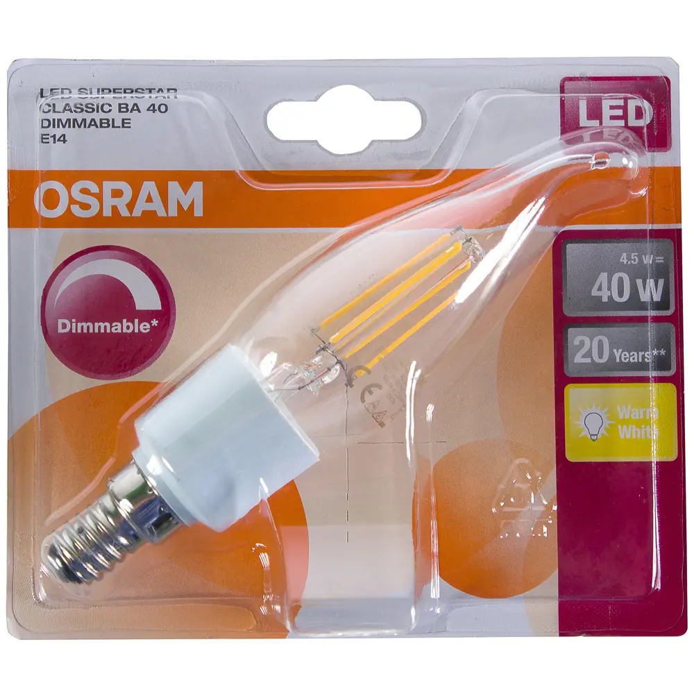 Лампа светодиодная диммируемая Osram «Свеча», E14, 4,5 Вт, 470 Лм, свет тёплый белый, прозрачная колба 18610069 STLM-2025464  - Вид №1