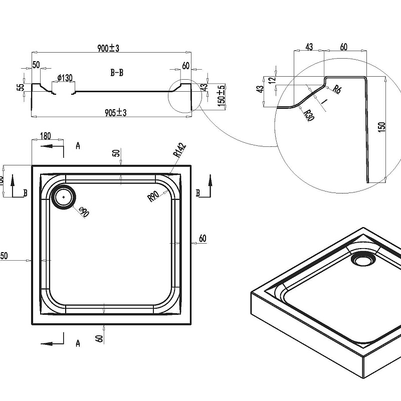 W90T-403-090W душевой поддон квадратный 90х90 с сифоном белый AM.PM Gem - Вид №2