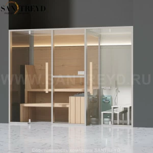 Effegibi MIDFILO LO71020004 Комбинированная баня: хаммам - душ и сауна. Установка: в нишу. Мощность: 11 кВт макс. Размеры: длина 300 см, ширина 137 см. Отделка: канадский хемлок, матовый лакированный коричневый аллюминий и темный ламинат из керамогранита.