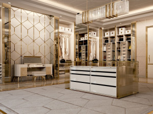 Модульная деревянная и стеклянная гардеробная со встроенным освещением