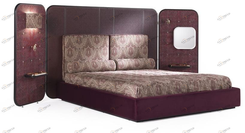 ETRO Home Interiors Двуспальная кровать со встроенными прикроватными тумбочками из дерева и бархата Timgad sun-id-1400636