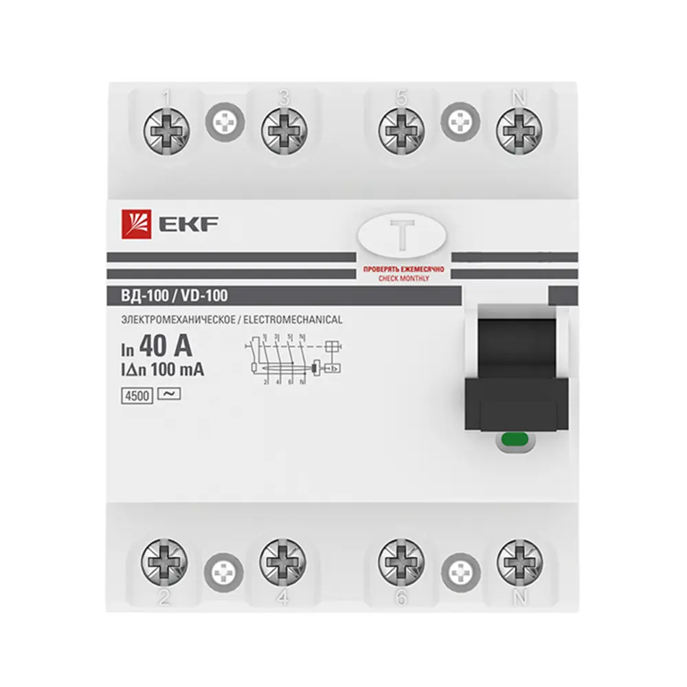 УЗО EKF ВД-100 4P 40 А 100 мА 4.5 кА АС elcb-4-40-100-em-pro STLM-2163543 - Вид №1