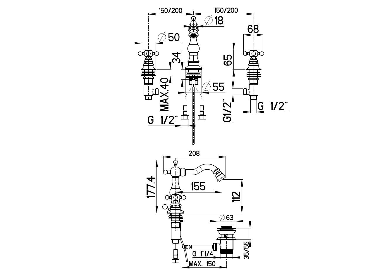 Смеситель для биде с 3 отверстиями и автоматическим сливом Gaia Mobili Complements ARCH-00083883 - Вид №2