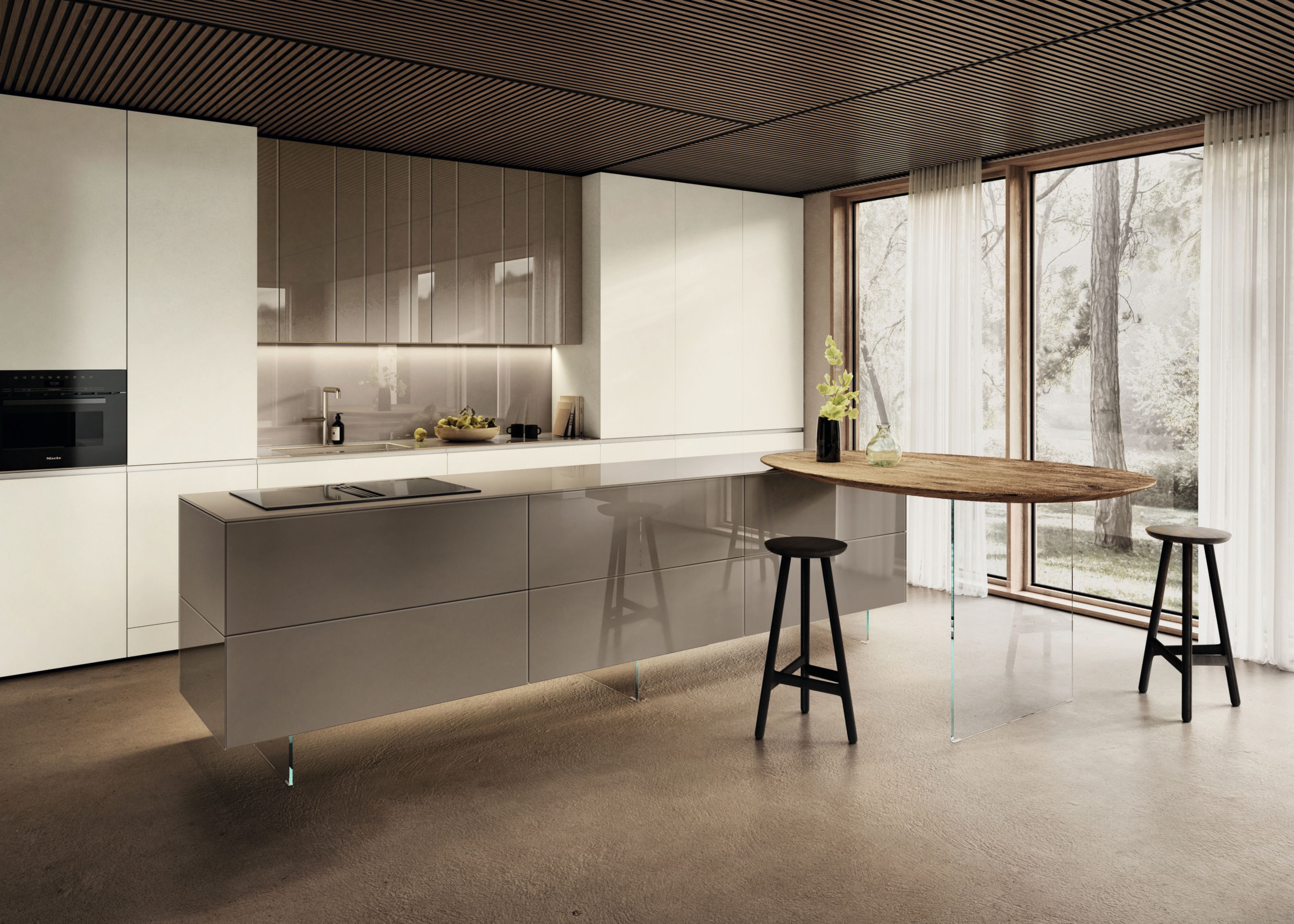 Деревянная и стеклянная кухня без ручек с островом Lago N. O. W ARCH-00058993