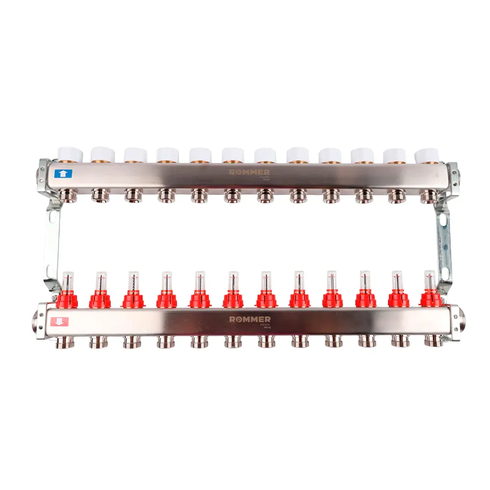 Коллектор с расходомером Rommer 1"x3/4" 12 выходов нержавеющая сталь RMS-1200-000012 STLM-2014226