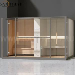 Effegibi LOGICA LO10010010 Комбинированная баня: хаммам и сауна. Установка: в левый  полуугол. Мощность: 10,5 кВт макс. Размеры: длина 373 см, ширина 250 см. Отделка: канадский хемлок, матовый лакированный серый аллюминий и бежевый ламинат из керамогранит