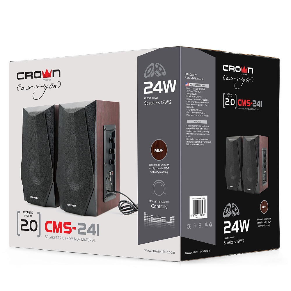 CMS-241 Акустическая система 2.0 (мдф, 220v, 24w; управление volume/treble/bass, кнопка включения, длина кабеля между колонками 1м;длина аудио-кабеля и питания 2м.) Crown Santreyd  - Вид №4