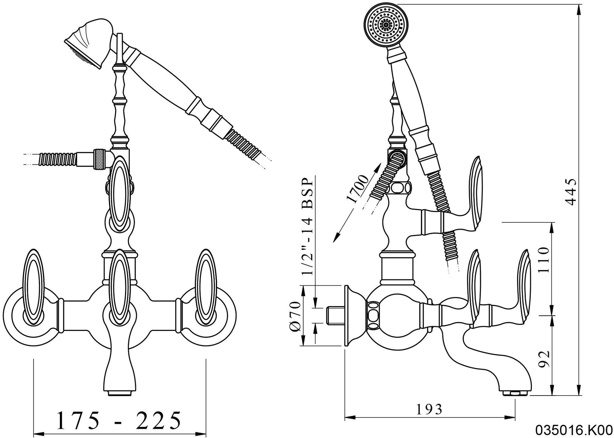 Bronces Mestre Смеситель для ванны настенный с ручным душем на 2 отверстия Retro 035016.k00.50 - Вид №1