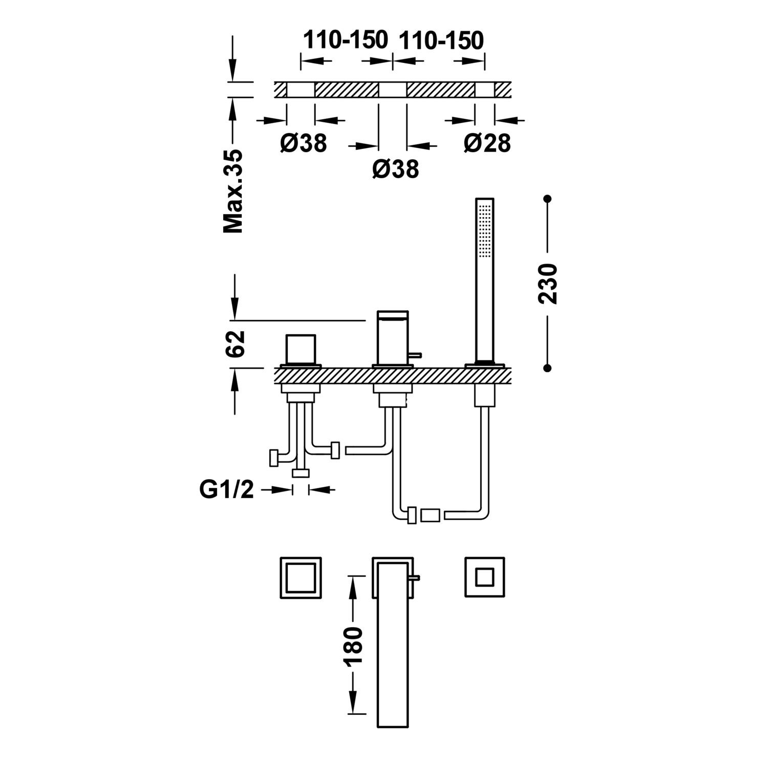 Смеситель для ванны CUADRO с одной ручкой -00616106 TRES  - Вид №1