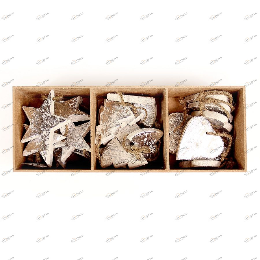 Украшения подвесные Silver Stars/Trees/Hearts, деревянные, в подарочной коробке, 24 шт Enjoyme ENNY0012