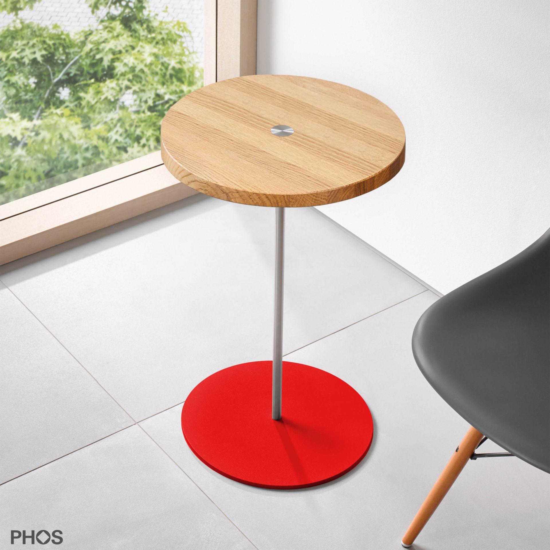 BT600-Eiche-BPR Приставной столик, высота 60 см, столешница из дуба, основание красное PHOS 